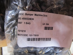 LOT TO INCLUDE: (3 BAGS) BUMPERS, MACHINE SCREW KIND, 0.438" DIA X 6-32 THREADS SIZE, VARIOUS COLORS. 1000 BUMPERS PER BAG, (8) INSULATORS, 4" DIA X 3" LG SIZE, HANGER CLAMP KIND, FIBERGLASS REINFORCED POLYESTER MATERIAL. 5KV USE WITH HANGER CLAMP PT# 11370, (2) JACKETS, MEDIUM SIZE, WELDERS KIND, LEATHER MATERIAL. 22" LG BODY, (1) CABLE, INSTRUMENTATION KIND, 8 CONDUCTOR OTHER, 24 AWG. SIZE. TINNED COPPER, S-R PVC INSULATED CONDUCTORS CABLED, BELDFOIL ALUM. LOADING & HANDLING FEE $15-4208